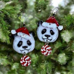 Hand painted giant panda earrings, holiday Christmas, with hat, and metal charm